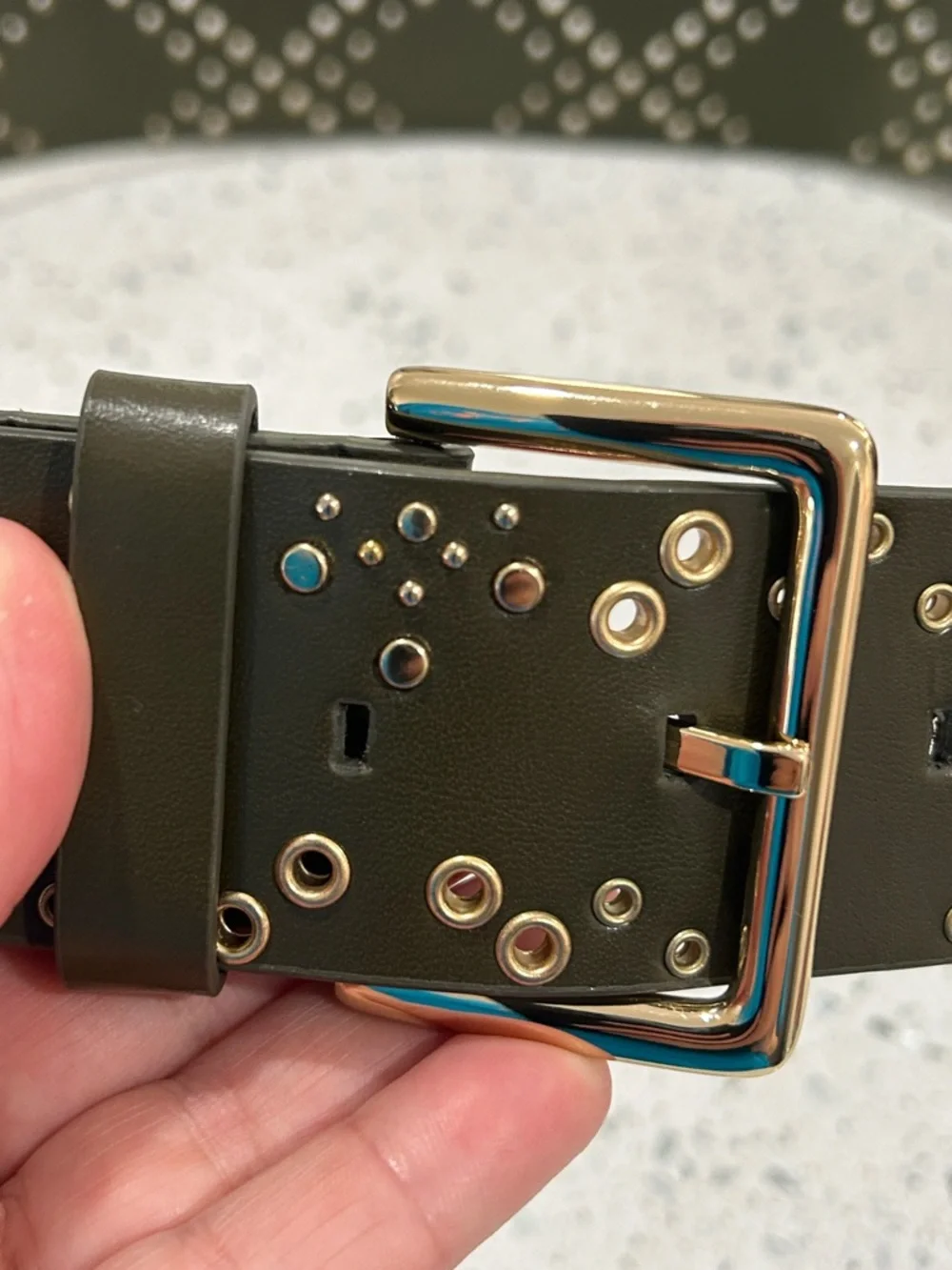 NWOT Rebecca Minkoff Olive Green Leather Studded Grommet Gold Hardware Belt - L